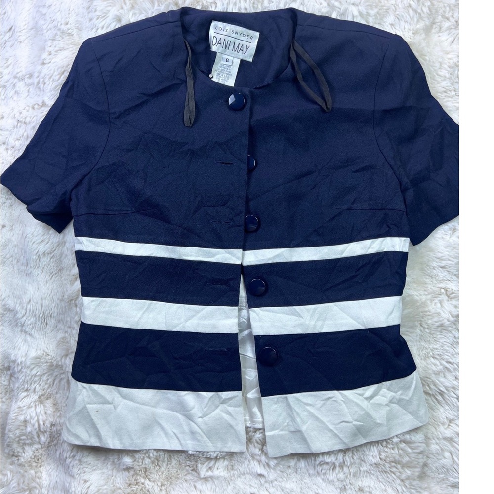 Lois Snyder Dani Max Navy Blue White Striped Short Sleeve Button Jacket Sz 6 A35